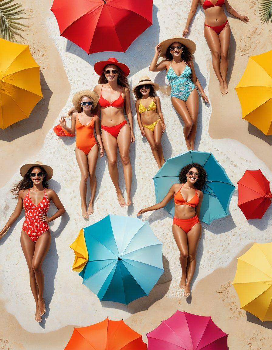 A stylish beach scene showcasing a diverse group of women in trendy swimsuits, embodying confidence and elegance. Include colorful beach umbrellas, a sparkling ocean backdrop, and vibrant fashion accessories like hats and sunglasses. Capture a sense of fun and summer vibes, with soft sand under their feet and playful splashes of water. Ensure bright, sunny weather and joyful expressions. super-realistic. vibrant colors. summer vibes.