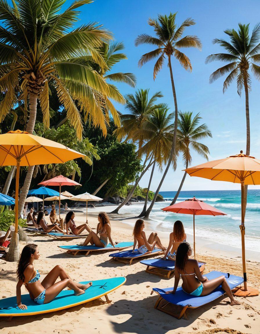 A vibrant beach scene showcasing diverse women of different ethnicities wearing chic bikinis and beachwear, each model embodying unique summer styles. The background features soft waves and a clear blue sky, with colorful beach umbrellas, surfboards, and palm trees adding a tropical vibe. The sun casts a warm glow over the sandy beach, enhancing the cheerful atmosphere. super-realistic. vibrant colors. summer vibe.